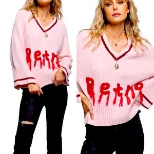 POL Retro Fringe V Neck Sweater Women Color Pink Size L